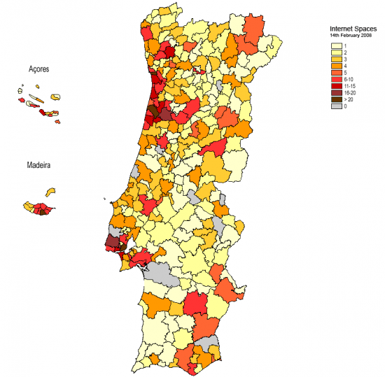 Map showing the location of Internet Spaces per district