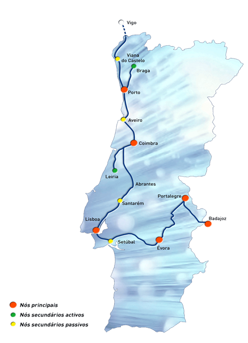 Mapa de Portugal com o traado da dorsal da RCTS em cabo de fibra ptica prpria