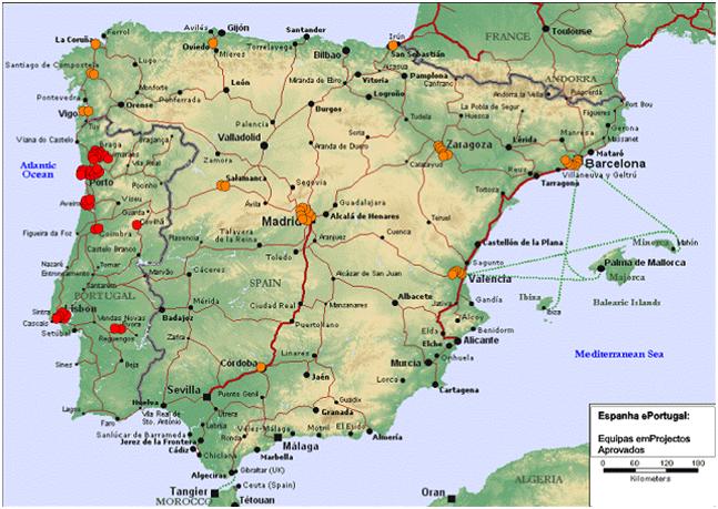 Mapa com a distribuio geogrfica das equipas de investigao dos projectos aprovados no concurso lanado pela FCT e DGC e com apoio parcial do INL
