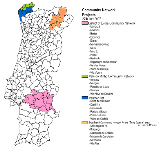 Map with the locations of Broadband Community Network projects