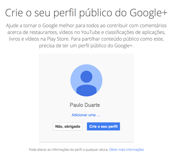 Figura 5 - Janela de criação de perfil Google +.