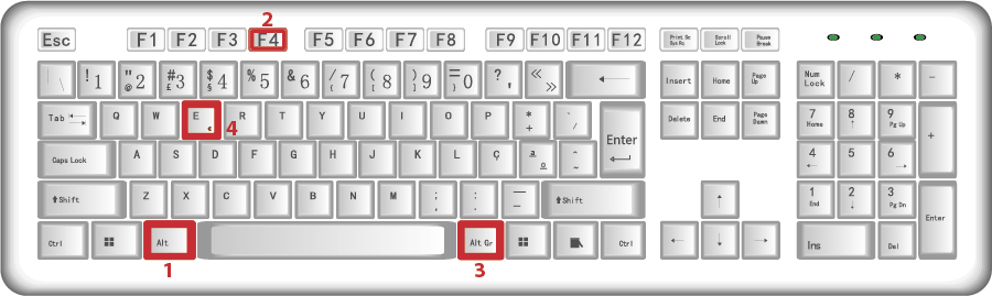 Figura 9 - Teclado com destaque das teclas de combinação: Alt+F4 e AltGr+E.