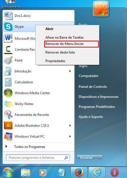 Figura 4 - Destaque para remover programas afixados no menu Iniciar.