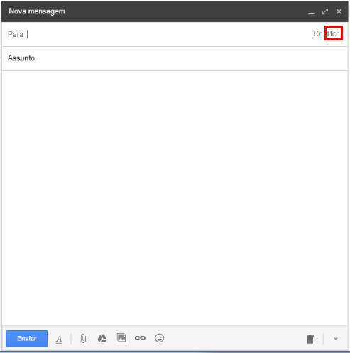 Figura 3 - Janela de escrita de nova mensagem com destaque para a opção Bcc.