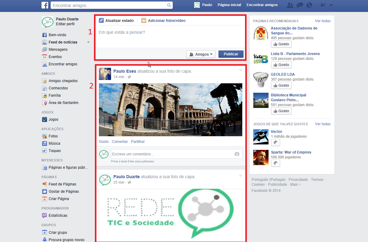 Figura 3 - Coluna central da sua página inicial do Facebook