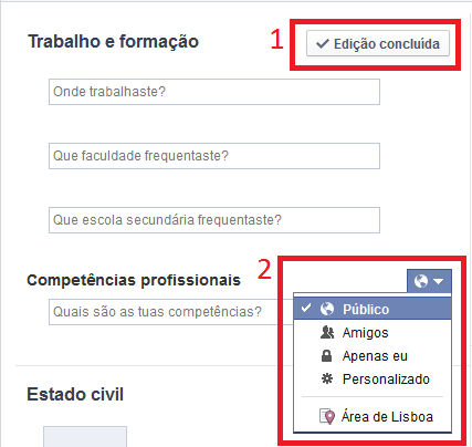 Figura 12 - Adicionar informação sobre trabalho e formação no seu perfil