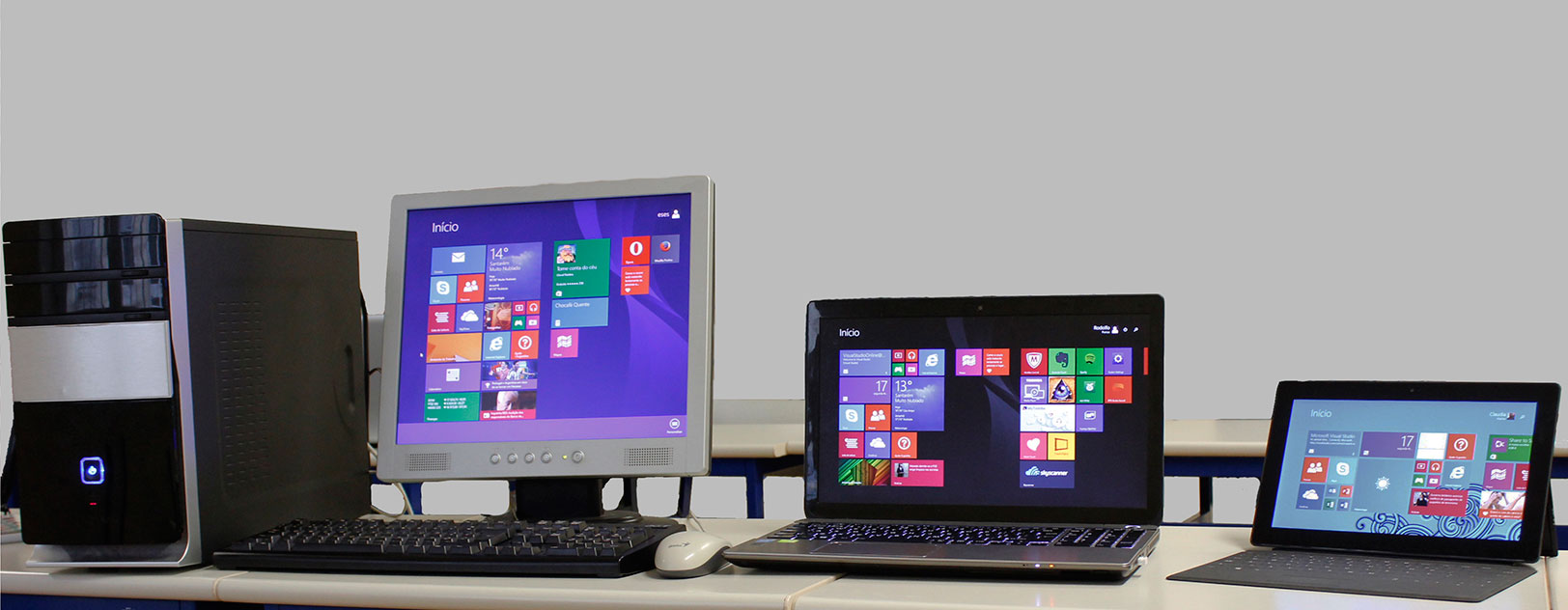 Figura 5 - Tipos de computadores (da esquerda para a direita): computador de secretária, computador portátil e tablet 