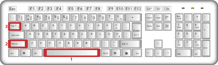 Figura 8 - Teclado com destaque da tecla barra de espaços, Shift e Tab.