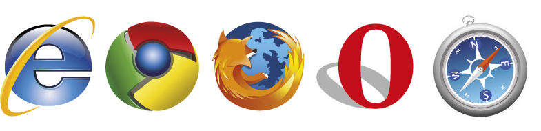 Figura 2 - Ícones dos Navegadores mais comuns: Internet Explorer, Google Chrome, Firefox, Opera, Safari.