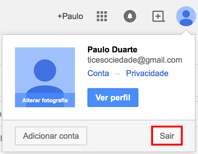 Figura 6 - Opções da conta Gmail com destaque para o botão Sair.