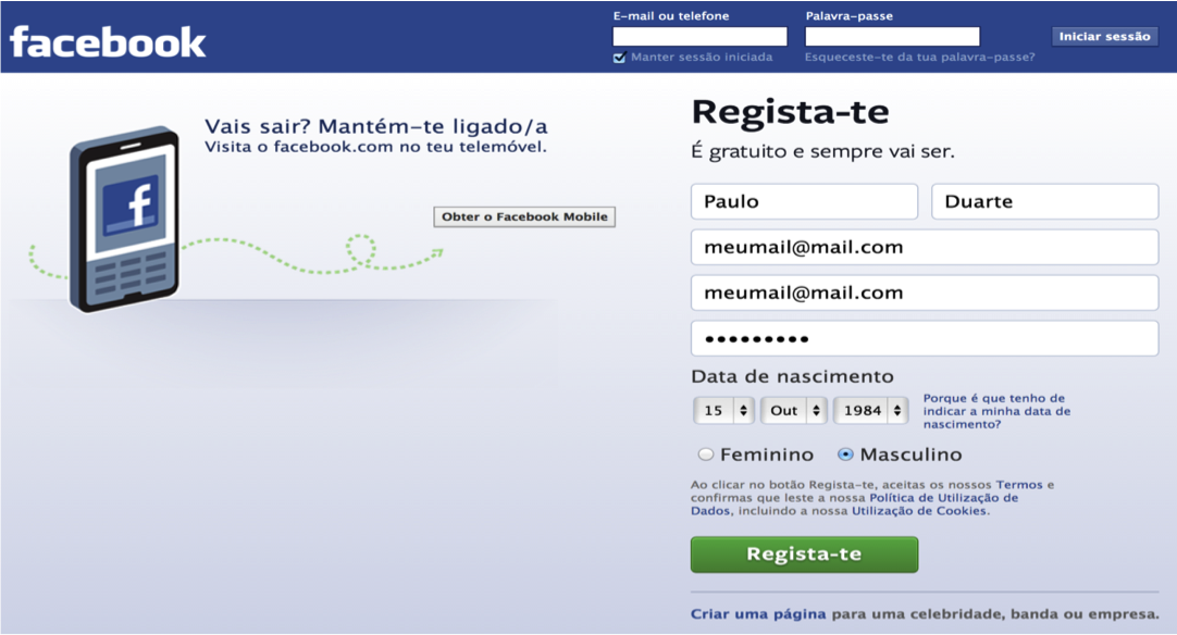 Figura 2 - Página de registo no Facebook - preenchimento dos dados de registo