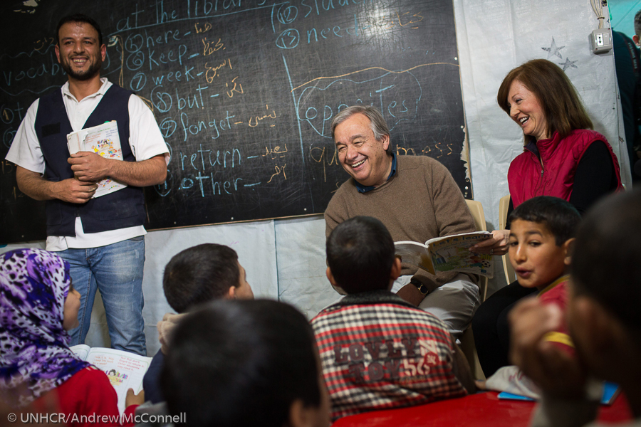 UN High Commissioner for Refugees, António Guterres, meets with Syrian refugees in the Fayda informal tented settlement in the Bekaa Valley, Lebanon.