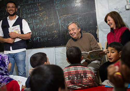 Lebanon / Syrian Refugees / UN High Commissioner for Refugees Antonio Guterres meets with Syrian refugees in the Fayda informal tented settlement in the Bekaa Valley, Lebanon, on Friday 14 March 2014. / UNHCR / A. McConnell / March 2014