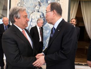 Lisbon, May 2016: António Guterres speaks with the UN Secretary General Ban Ki-Moon during his official visit to Portugal.