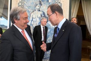Lisbon, May 2016: António Guterres speaks with the UN Secretary General Ban Ki-Moon during his official visit to Portugal.