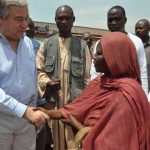 High Commissioner António Guterres meets a forcibly displaced woman at the airport site in Bangui for internally displaced people. The Muslim woman told Guterres that she had lost everything and had no desire to remain any longer in Central African Republic. © UNHCR/H.Reichenberger