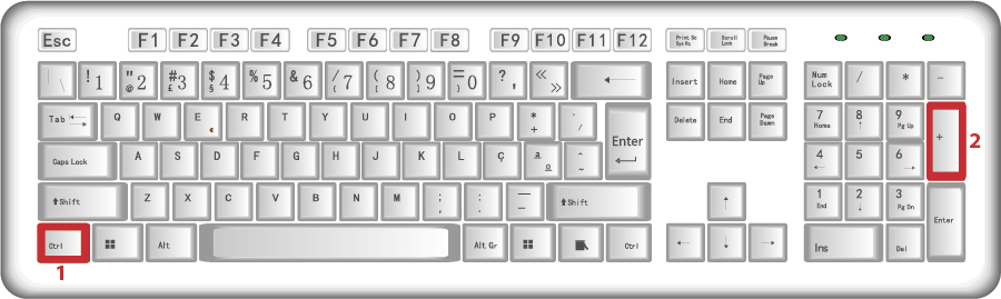 Figura 5 - Teclado com destaque das teclas Ctrl e + para ampliar o tamanho da informação duma página web.