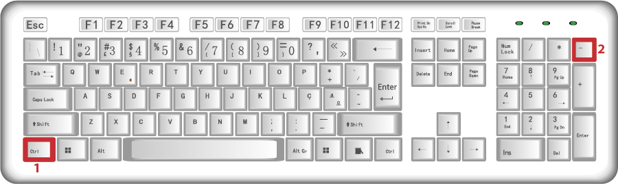 Figura 6 - Teclado com destaque das teclas Ctrl e – para reduzir o tamanho da informação numa página Web.