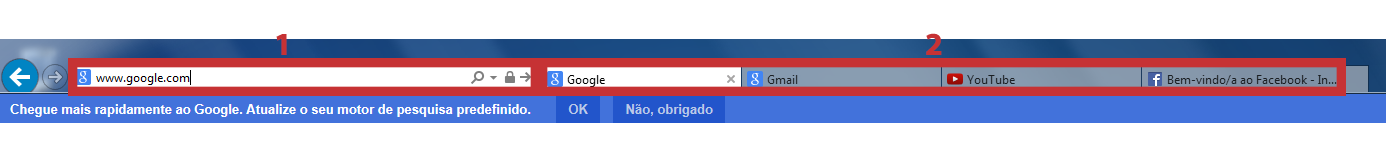 Figura 3 - Exemplo de janela do <em>browser</em> Internet Explorer com com Barra de Endereços (destaque 1) e Separadores (destaque 2).