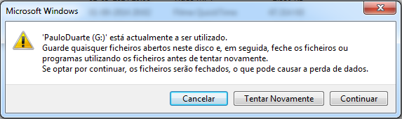 Figura 27 - Janela de erro pelo facto da pen estar em utilização.