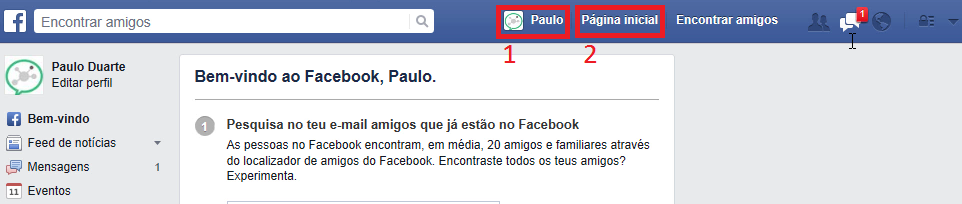 Figura 1 - Ligações de acesso à sua página de cronologia e página inicial do Facebook.